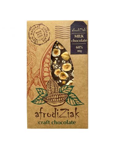 Плитка молочний шоколад, 60% з лісовим горіхом, Afrodiziak, 80г
